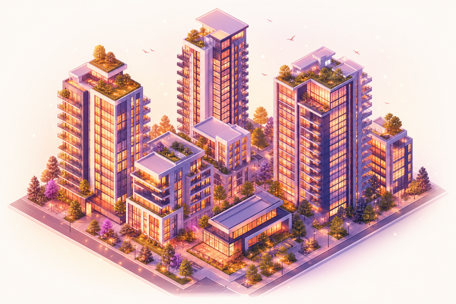 Beautiful modern apartment buildings and residential towers glowing in warm orange and pink sunset light